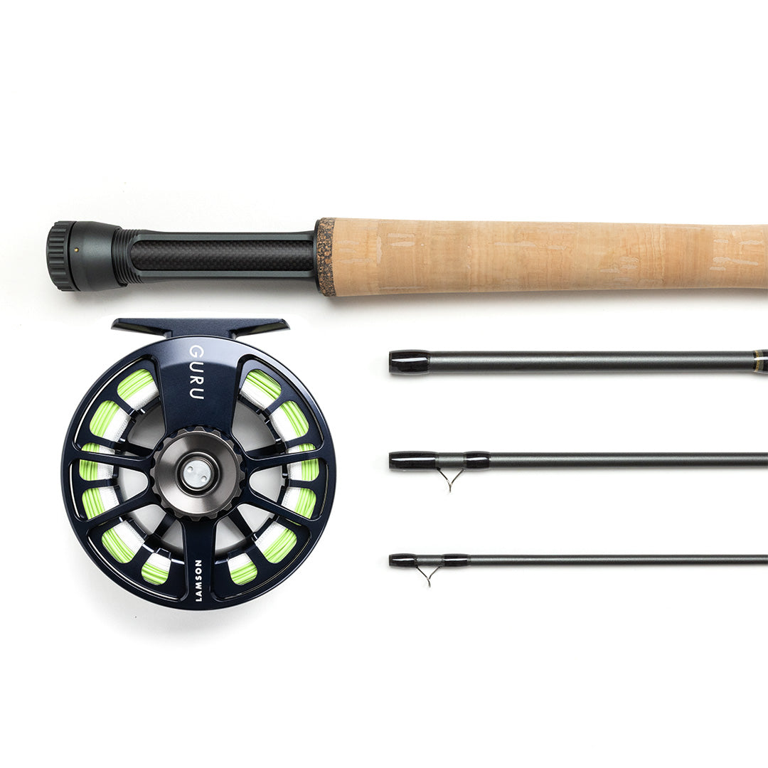 Lamson Speedster fly rod outfit with cork handle, black reel with chartreuse accents, and three interchangeable rod sections
