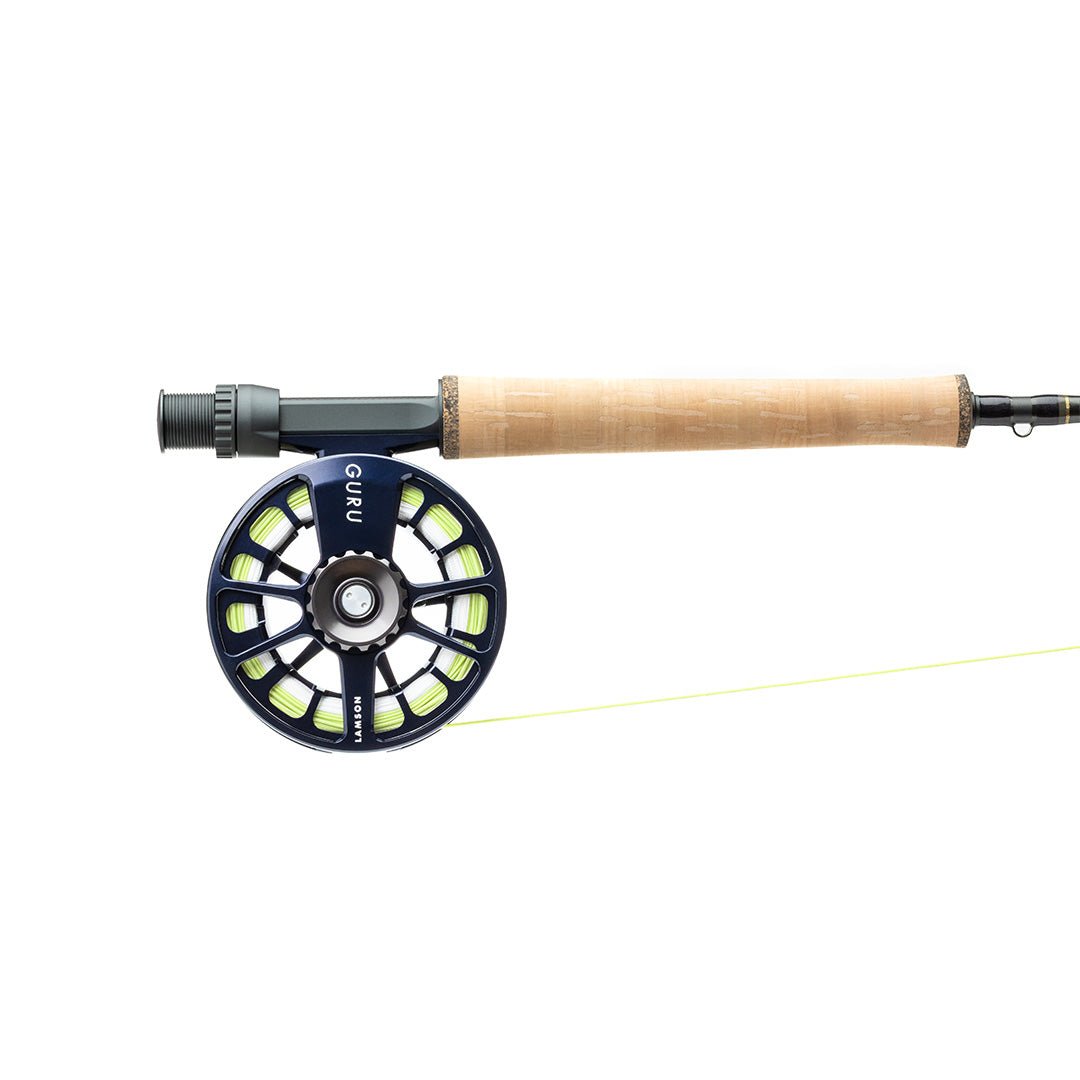 Lamson Speedster fly rod outfit with cork handle and navy blue reel with chartreuse accents, featuring attached yellow fly