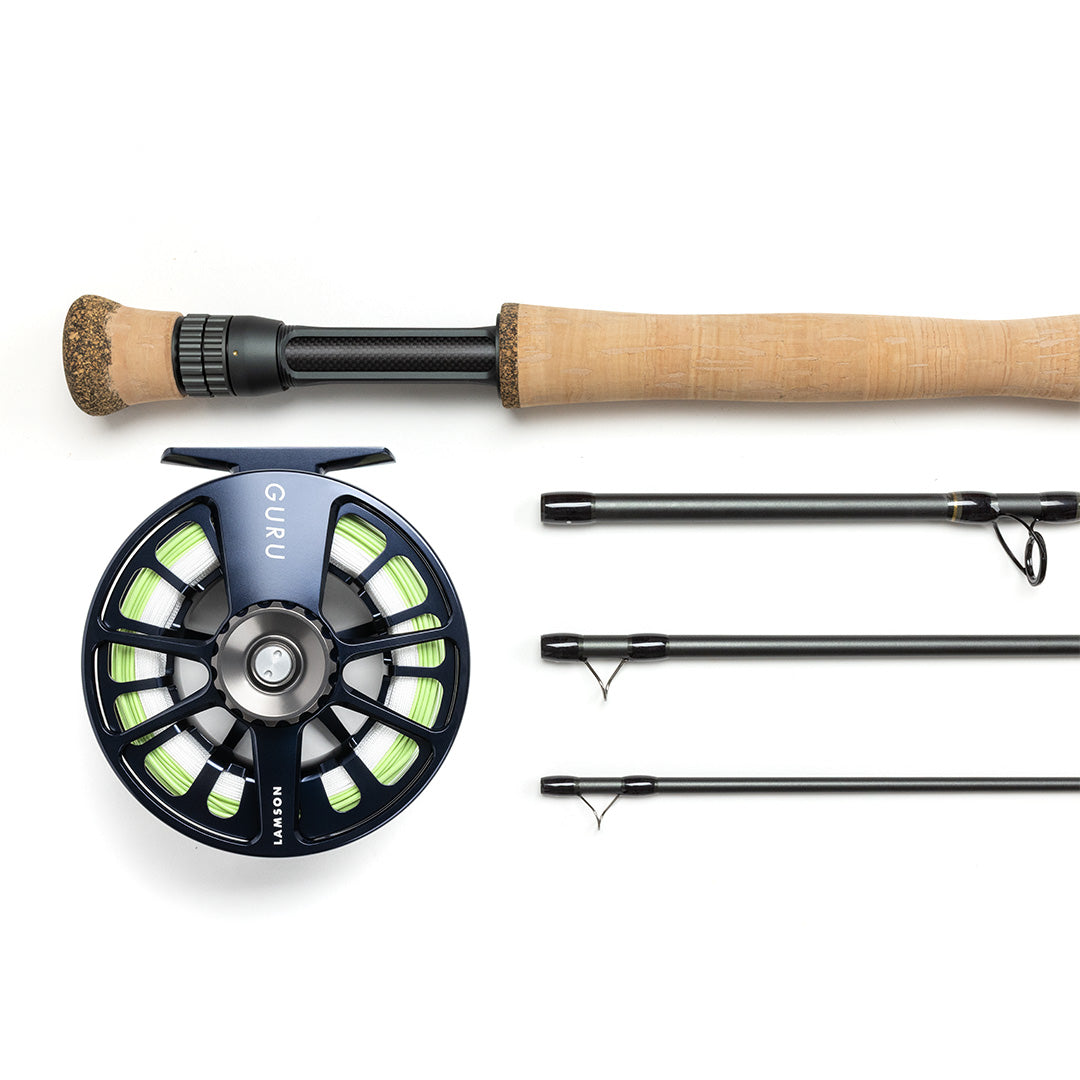 Lamson Speedster fly rod outfit with cork handle, black reel with lime green arbor, and three rod sections on white