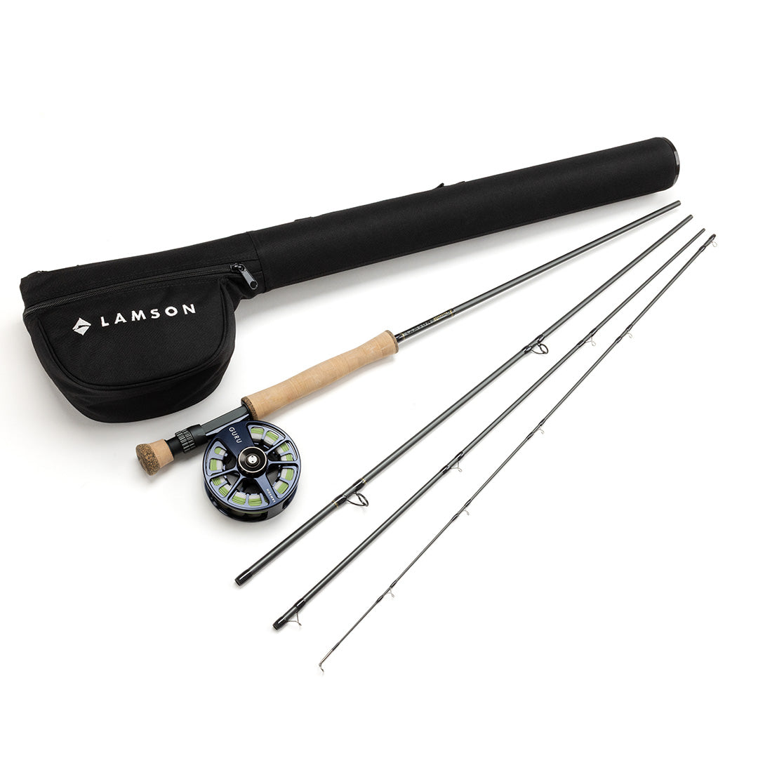 Lamson Speedster fly rod outfit with black carrying case, cork grip handle, black fly reel with green accents, and four rod