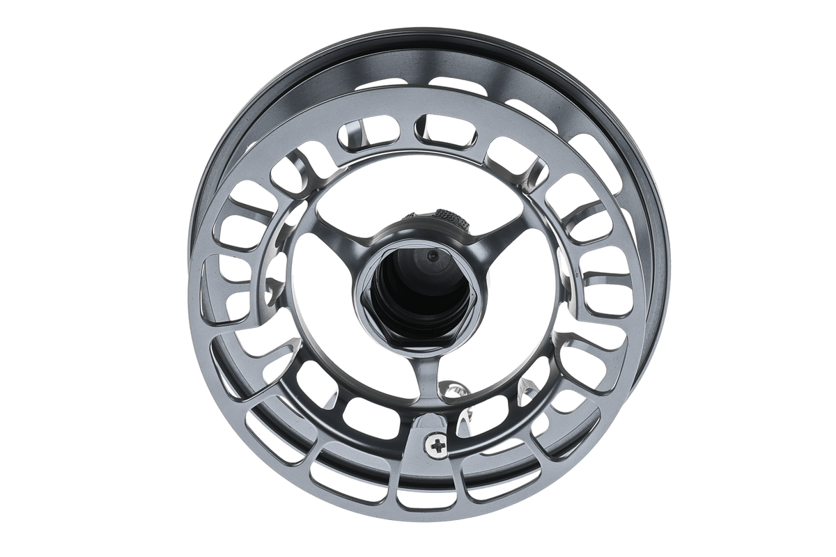 Sage Shift LT spare fly reel spool in silver with black center and perforated design, front view