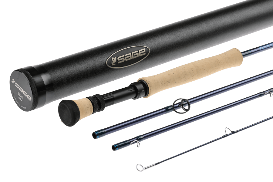 Sage Signal fly rod in four sections with dark blue blank, cork handle, and black aluminum rod tube with logo