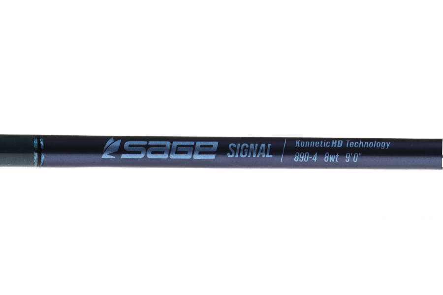 Sage Signal 8wt 9'0" fly rod blank with dark navy finish and light blue Sage and Konnetic HD Technology logo printing