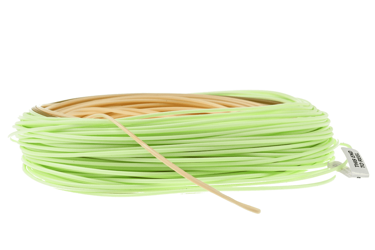 Scientific Anglers Amplitude Double Taper fly line in chartreuse green with tan core, coiled and labeled