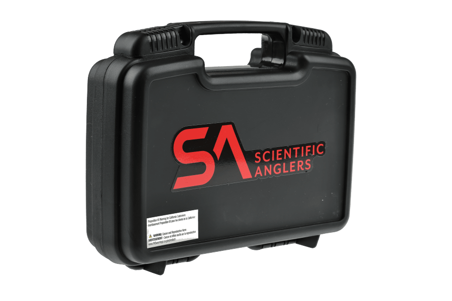Black plastic Scientific Anglers boat fly box with red SA logo, molded carry handle, and latching clasps, shown at an angle
