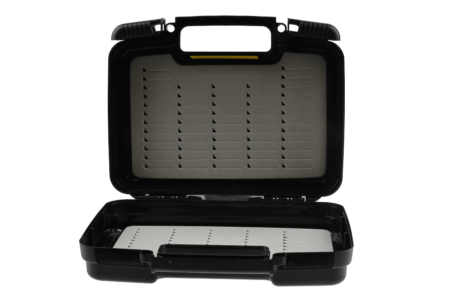 Black waterproof Scientific Anglers boat fly box open to show gray foam fly slots in the lid and a foam-lined tray below.