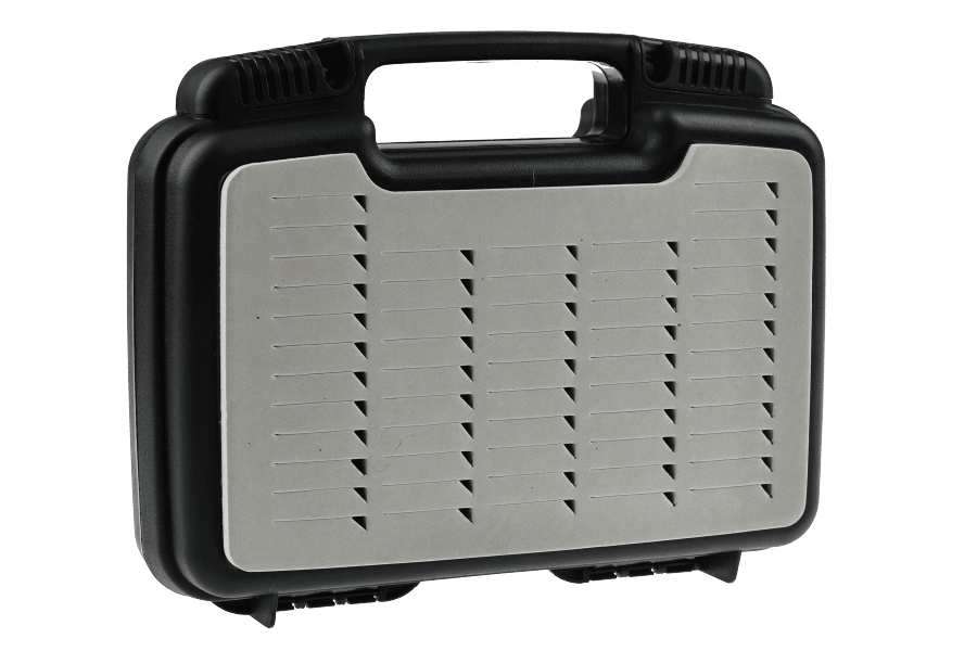 Black plastic Scientific Anglers boat fly box with gray foam fly-pattern inserts, rugged carry handle, and latch clasps