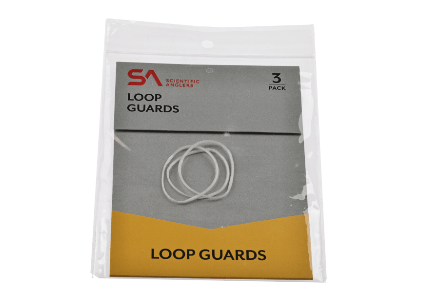 Scientific Anglers Loop Guards 3-pack in clear packaging, with thin white elastic rubber loops displayed on a gray and