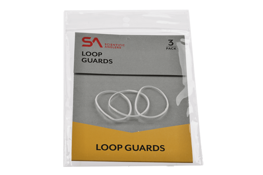 Scientific Anglers Loop Guards 3-pack in clear packaging, showing three white elastic fly fishing loop guards on a gray and