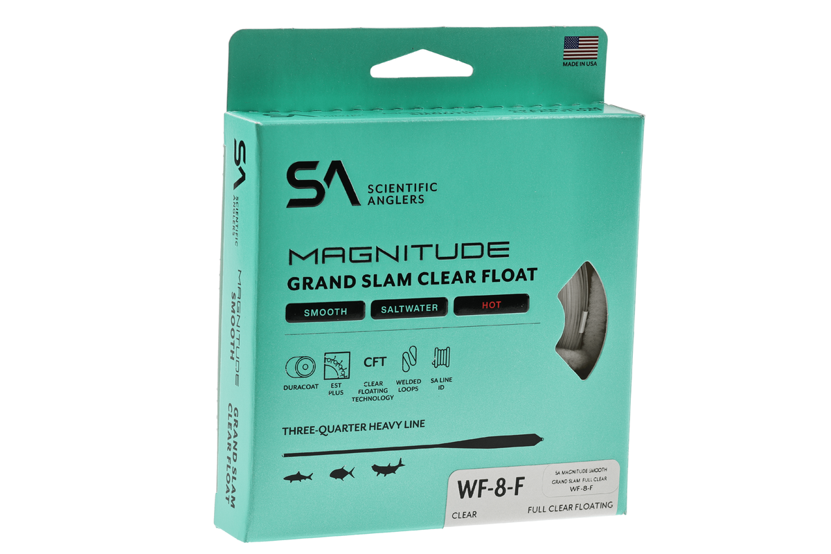 Scientific Anglers Magnitude Grand Slam Clear Float WF-8-F saltwater fly line in turquoise packaging with product details