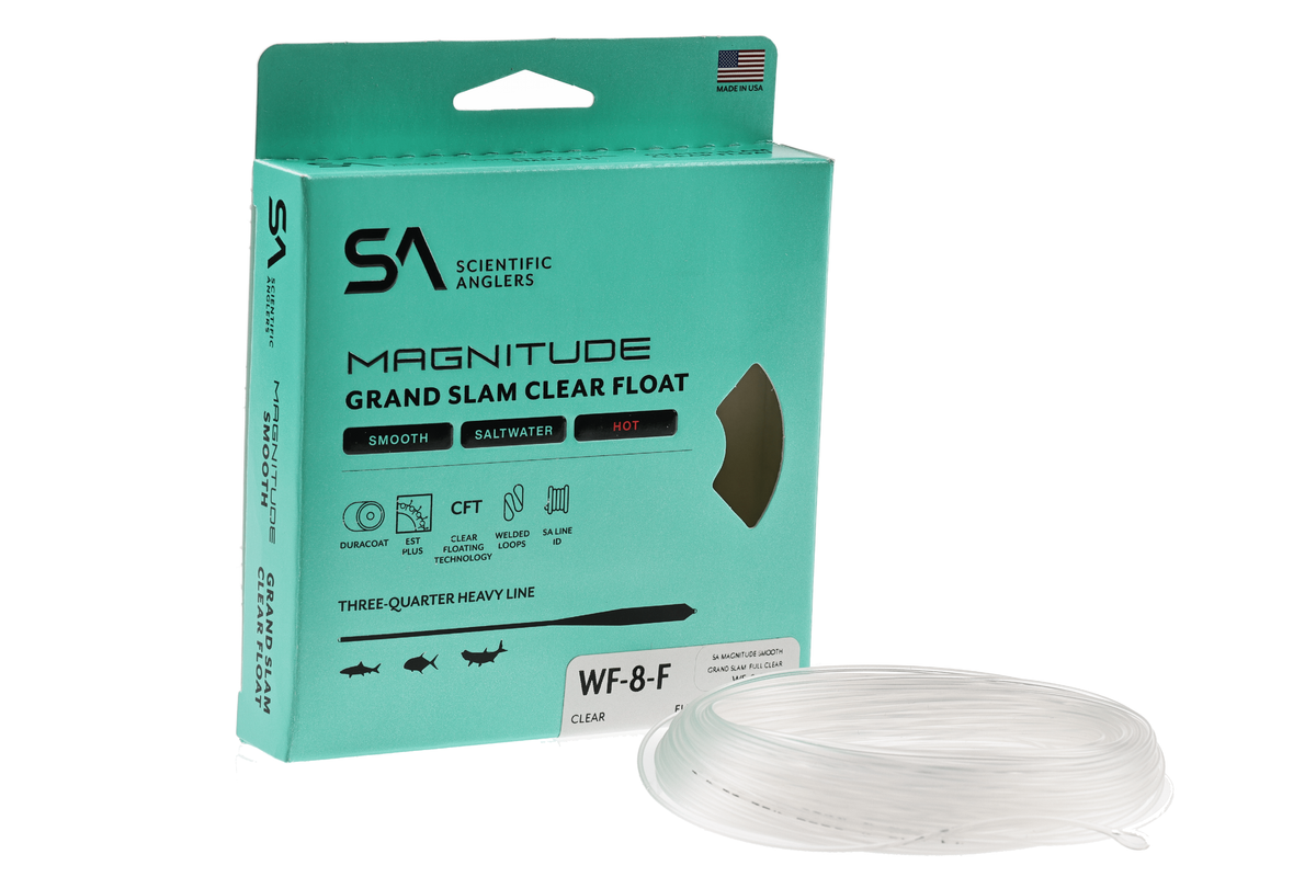 Scientific Anglers Magnitude Grand Slam Clear Float fly line with turquoise packaging and coiled white fishing line displayed
