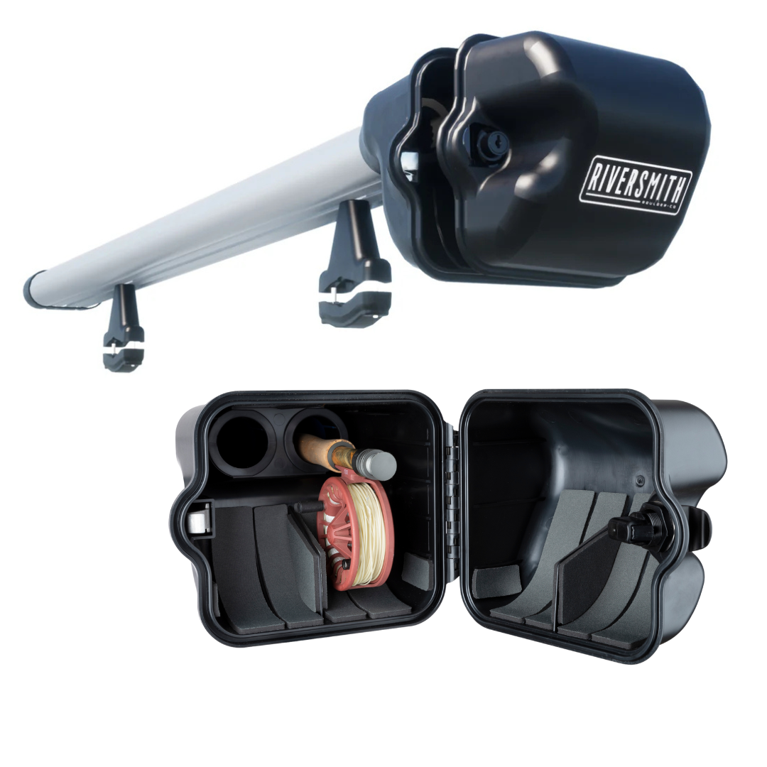 Riversmith ShortCut black fishing rod quiver with aluminum rail mount and open storage compartment displaying reel and rod