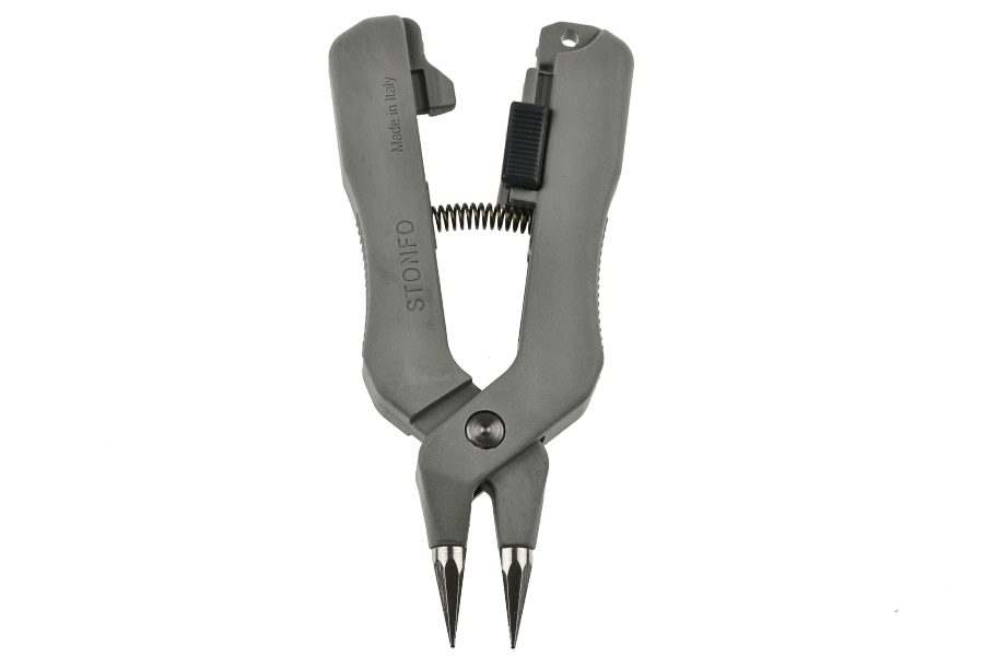 Gray Stonfo micro plier with pointed steel tips and spring-loaded handles, made in Italy, for fly tying