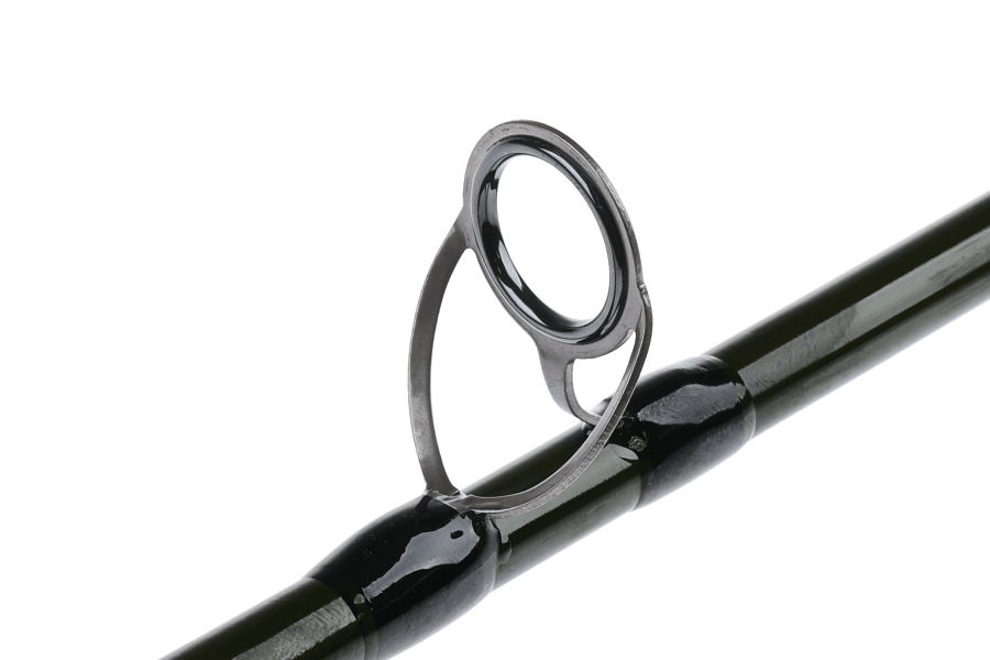 TFO Dispatch fly rod close-up showing a black snake guide with a polished silver frame and glossy dark green blank with