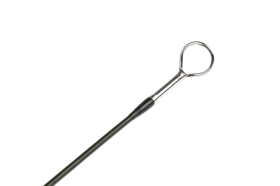 TFO Dispatch fly rod tip showing a silver stainless steel snake guide with a dark green blank and black ferrule wrap on