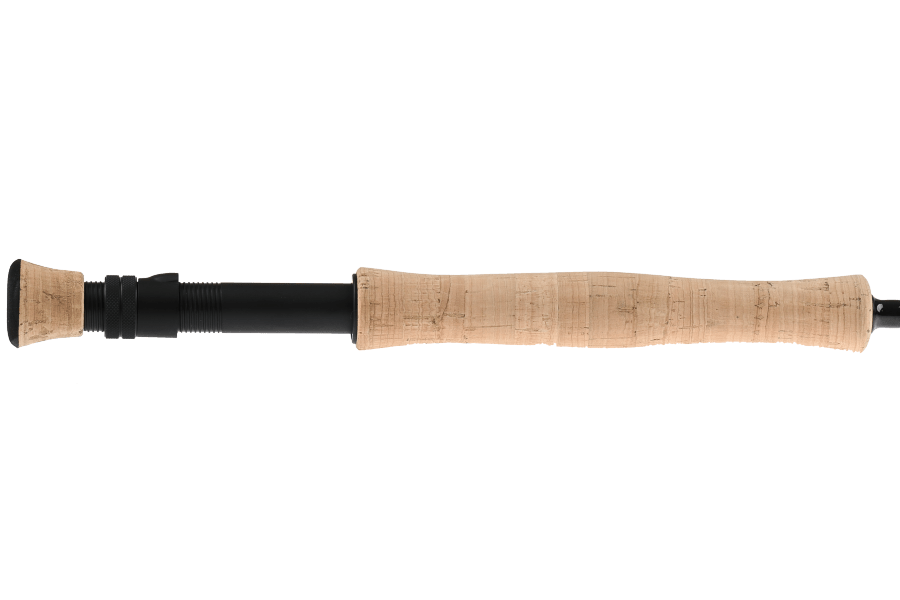 TFO Dispatch fly rod with black graphite blank and tan cork handle, reel seat, and fighting butt on white background