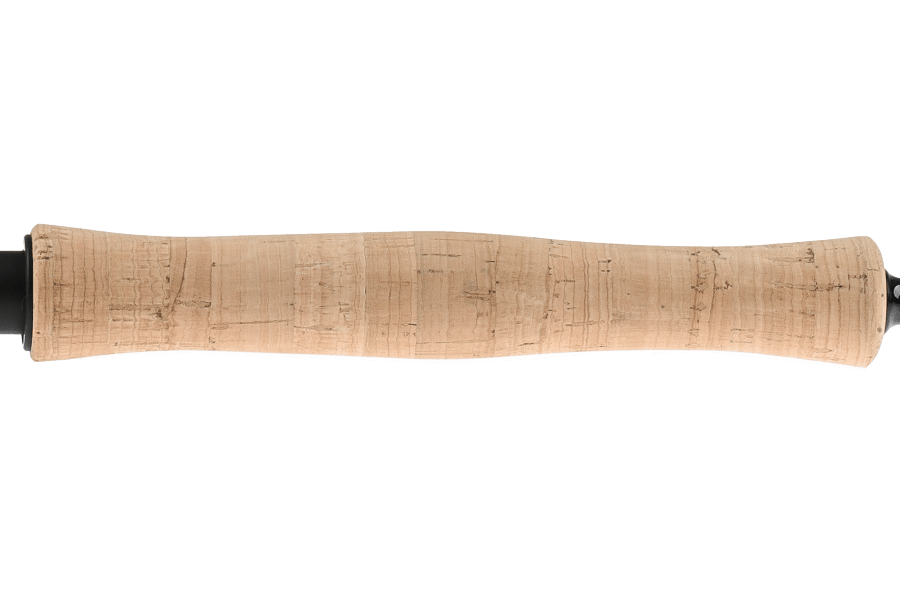 Natural cork fly rod handle with black blank ends on a white background, TFO Dispatch fly rod grip