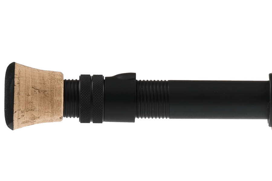 Black fly rod handle with natural cork grip, knurled reel seat rings, and a black aluminum-style blank section on a white