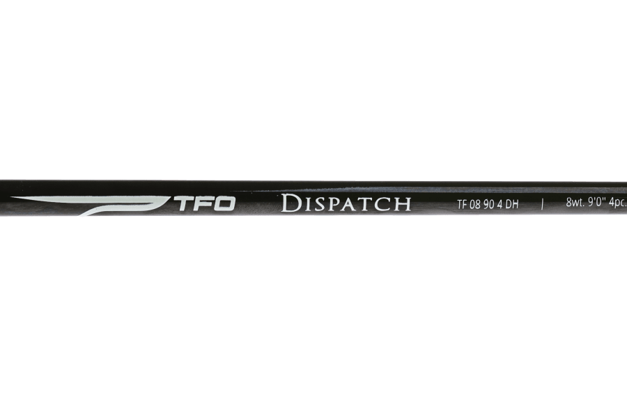 TFO Dispatch 8wt 9'0" 4-piece fly rod, black blank with silver TFO logo and model text, shown against a white background