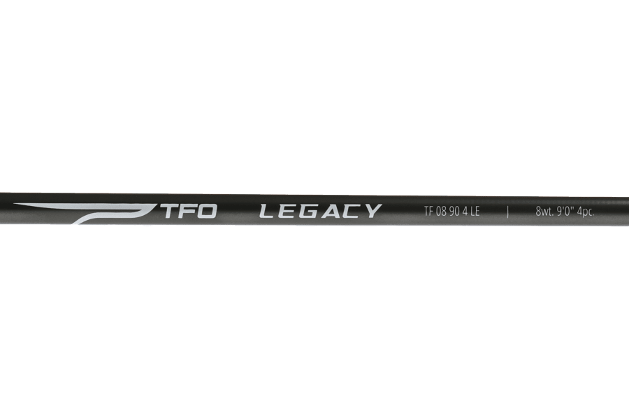 TFO Legacy 8wt 9'0" 4-piece fly rod, matte black blank with silver TFO logo and model text TF 08 90 4 LE