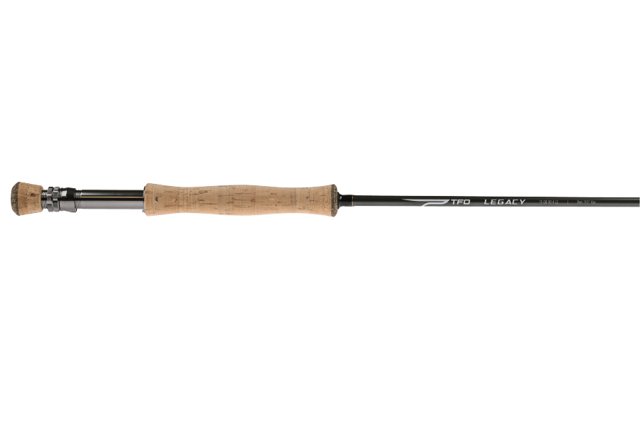 TFO Legacy fly rod with black blank, cork handle, and silver branding on a white background