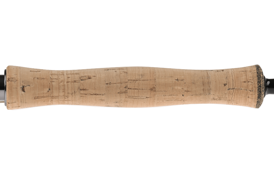 TFO Legacy fly rod cork grip with tapered, contoured shape and black blank end on white background