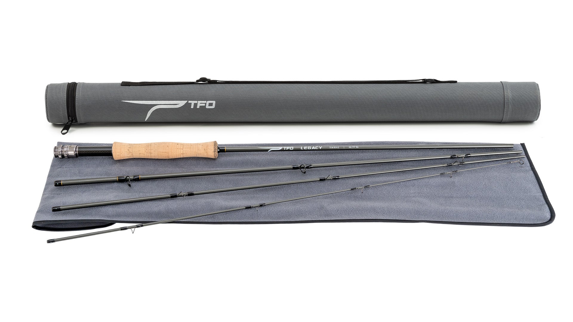 TFO Legacy Fly Rod four-piece sections with rod sock and tube