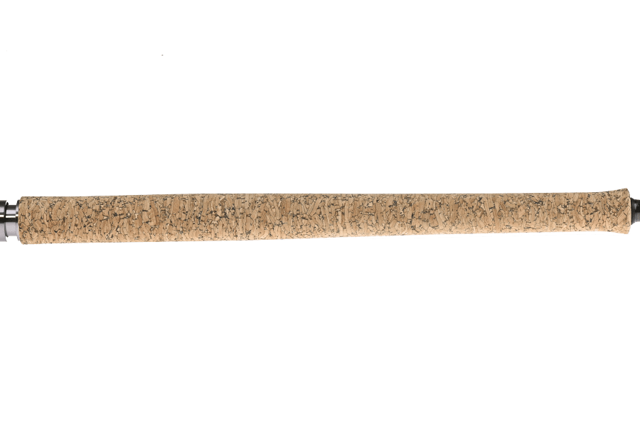 TFO Legacy two-handed fly rod with a tapered tan cork grip, shown against a white background with a silver reel seat end.