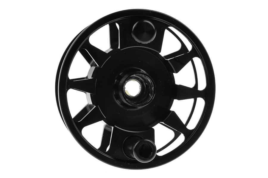 Black anodized fly reel spare spool with spoked open-cutout design and center arbor, Tibor Backcountry