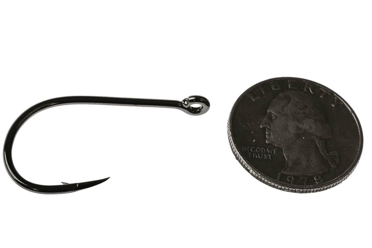 Black Tiemco 600SP heavy saltwater fly hook with curved shank and barbed point, shown beside a 1978 quarter for scale