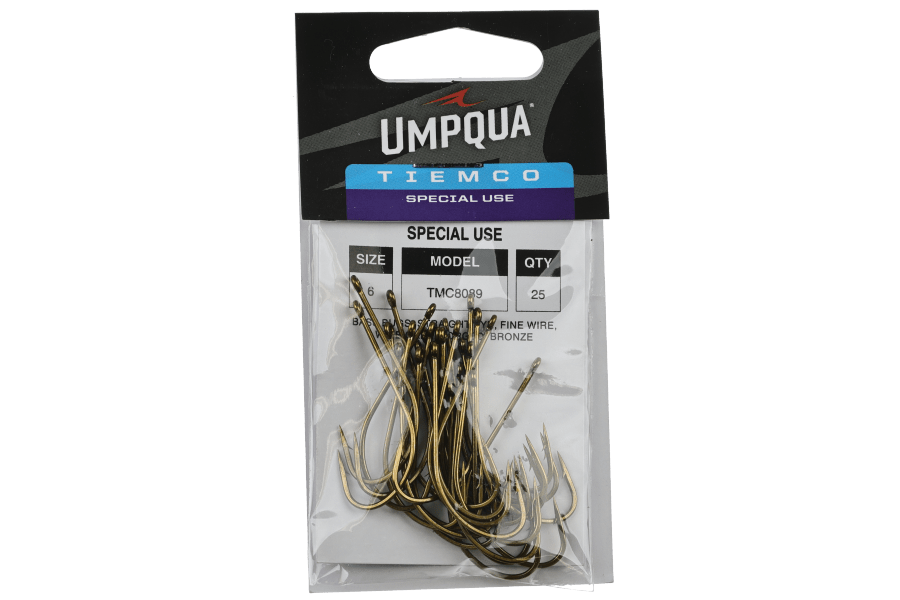 Umpqua Tiemco TMC 8089 size 6 bronze bass bug fly hooks, 25-count pack in clear packaging