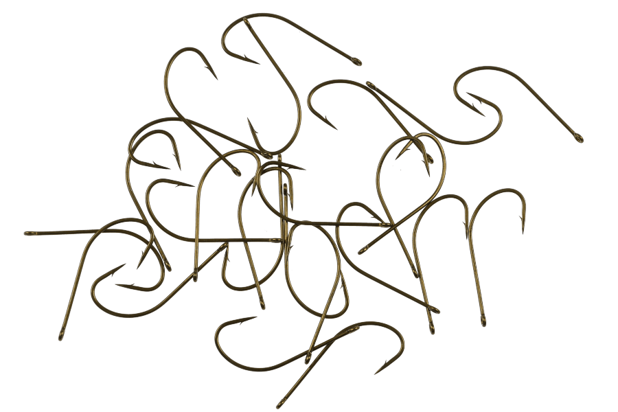 Tiemco TMC 8089 bass bug fly hooks in tangled pile, bronze-toned nickel-plated steel with barbed points and turned-up eyes