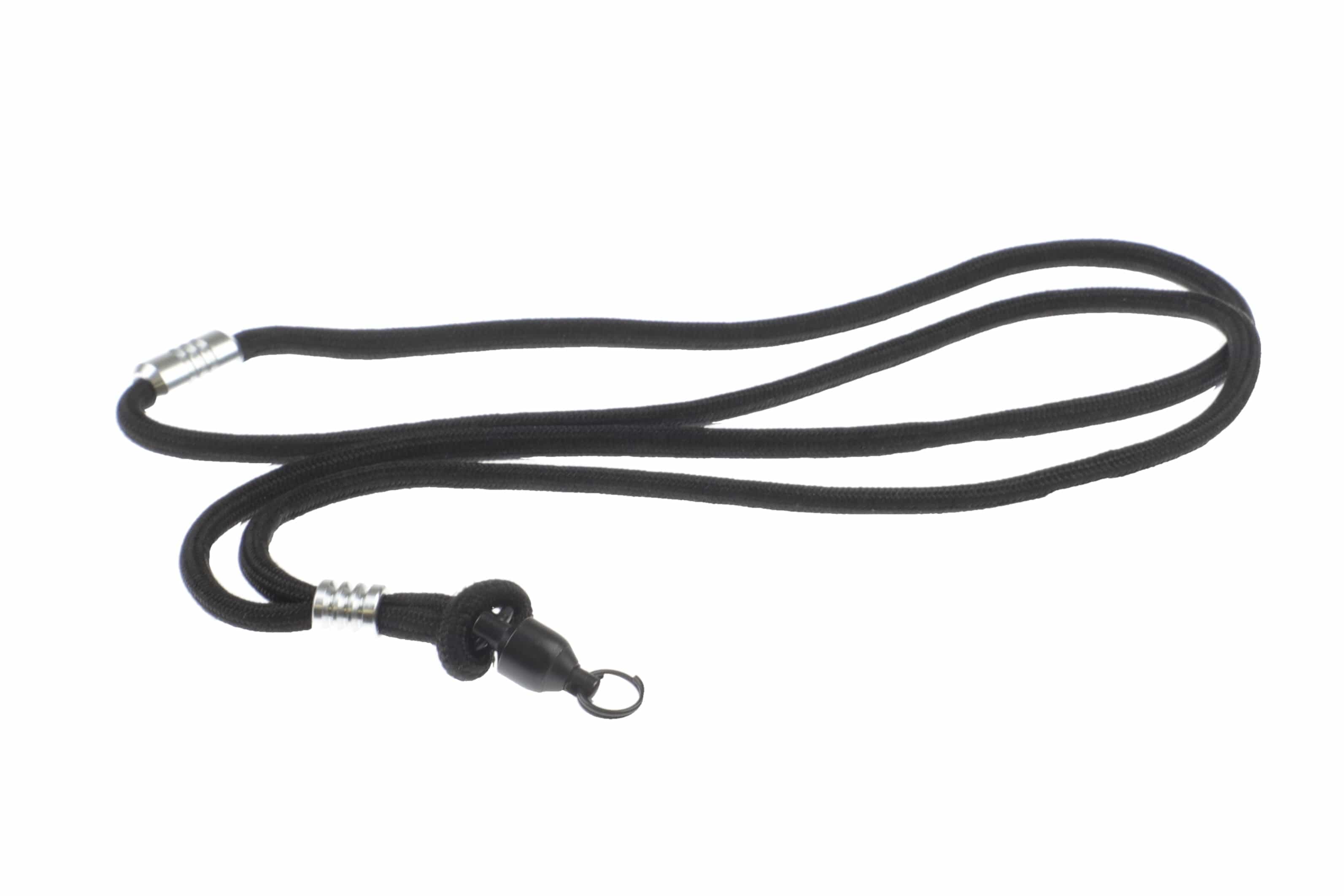 Black braided Abel Nipper lanyard with silver metal ferrules, adjustable knot and black nipper attachment with split ring