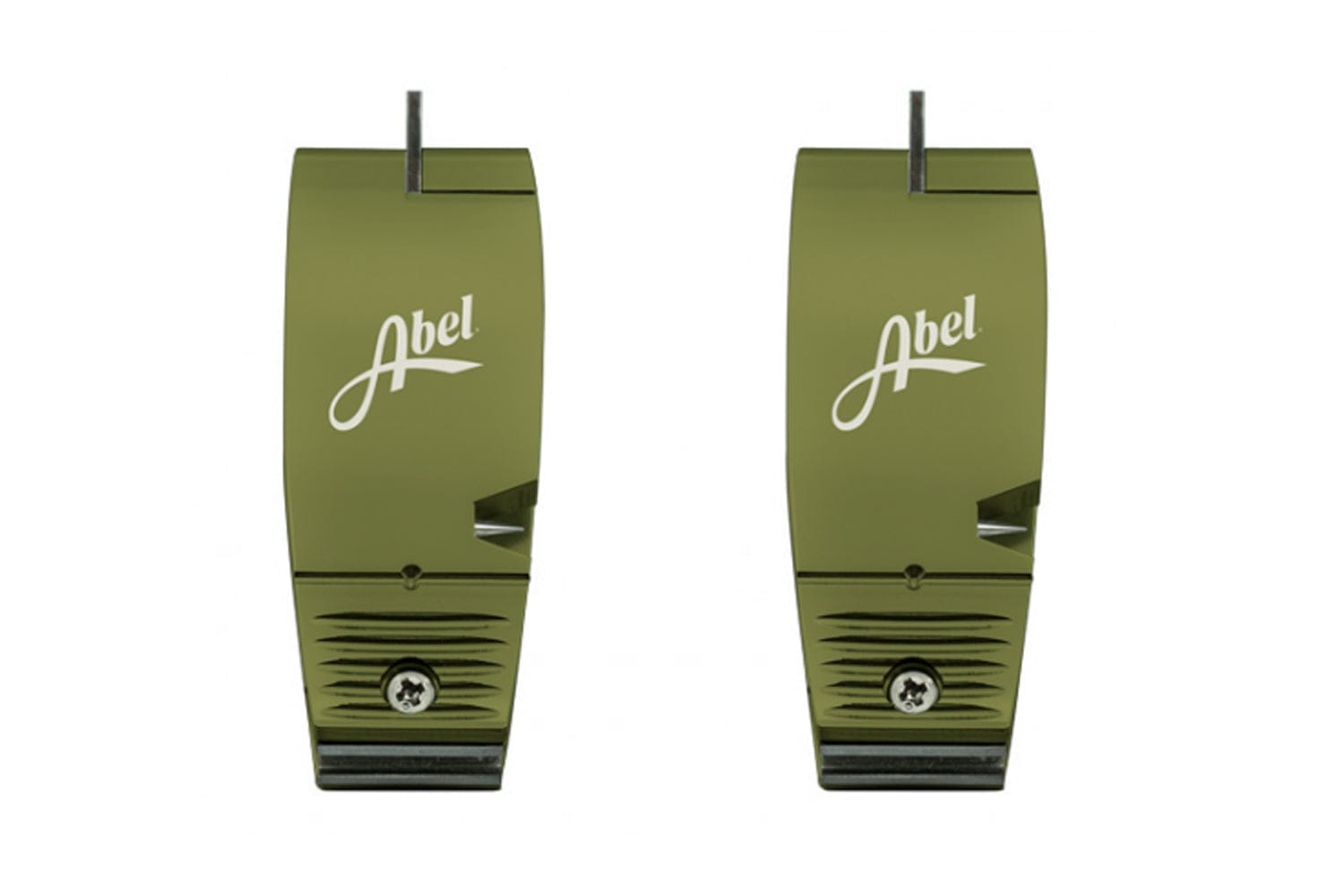 Pair of olive-green anodized metal Abel nippers, compact clip-style accessory with white Abel logo, ribbed base and cutting