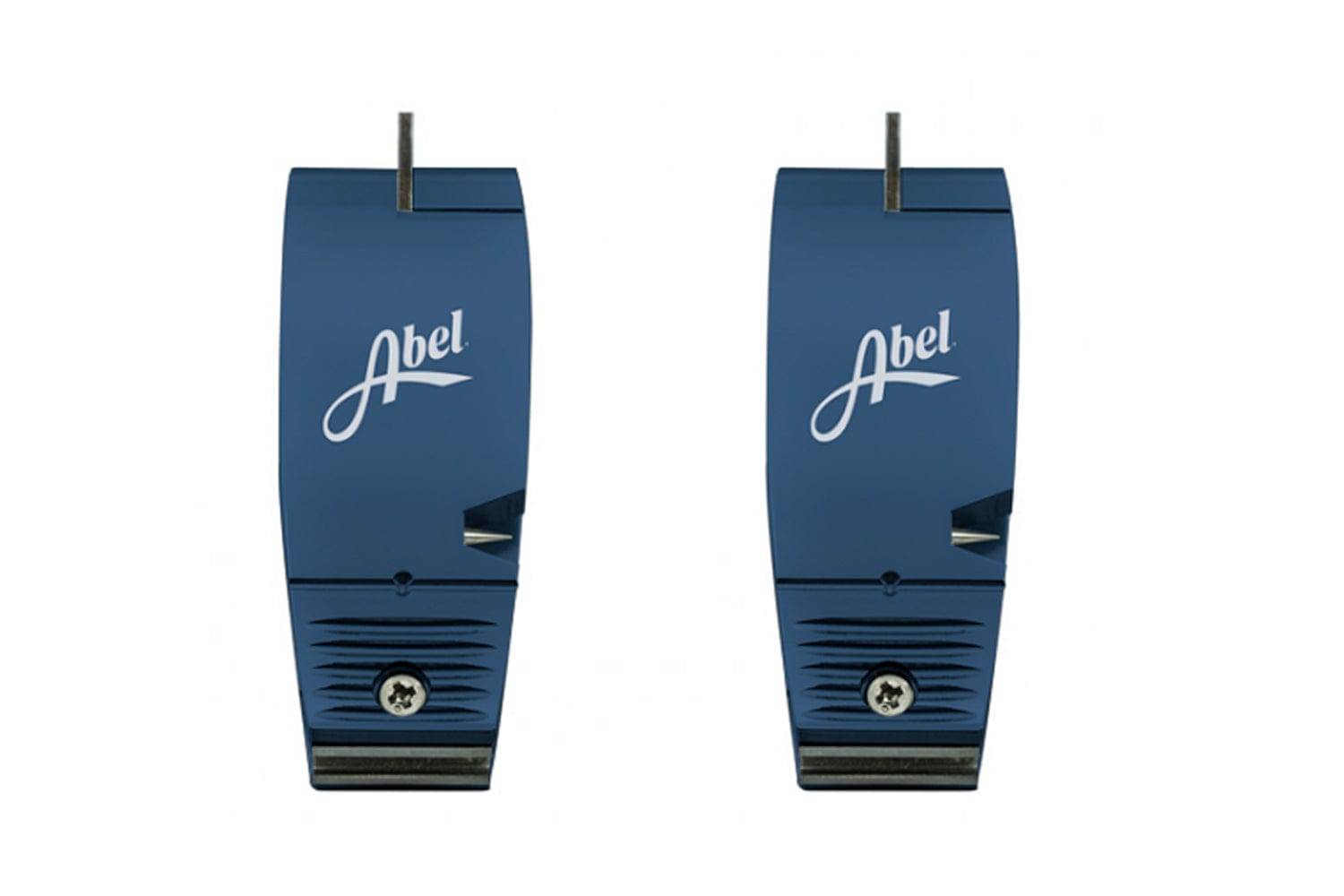 Pair of Abel nippers in blue anodized aluminum with white logo, compact metal cutting blades and screw detail
