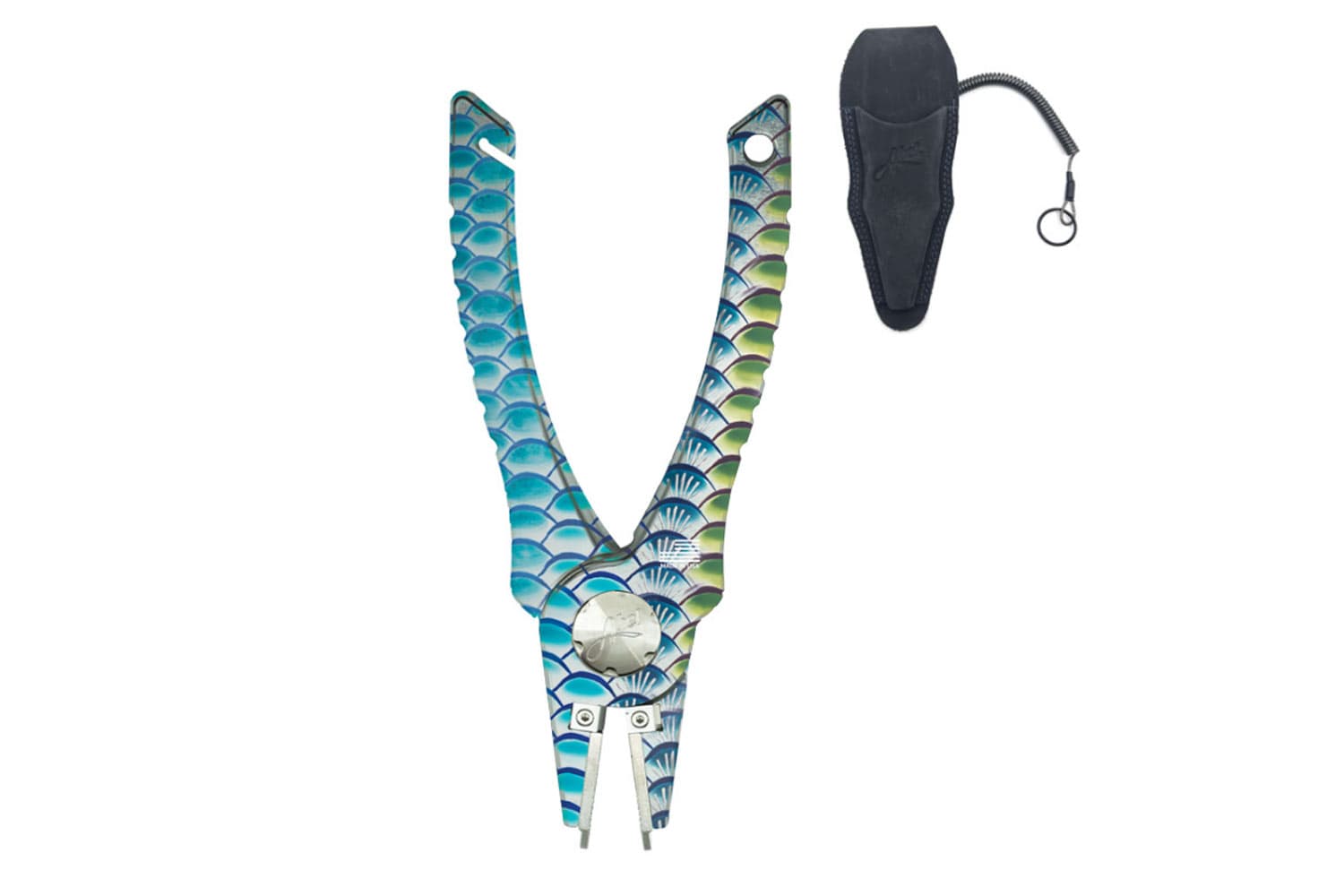 Abel pliers with blue-green fish scale anodized aluminum handles, stainless steel jaws and black sheath with coiled lanyard