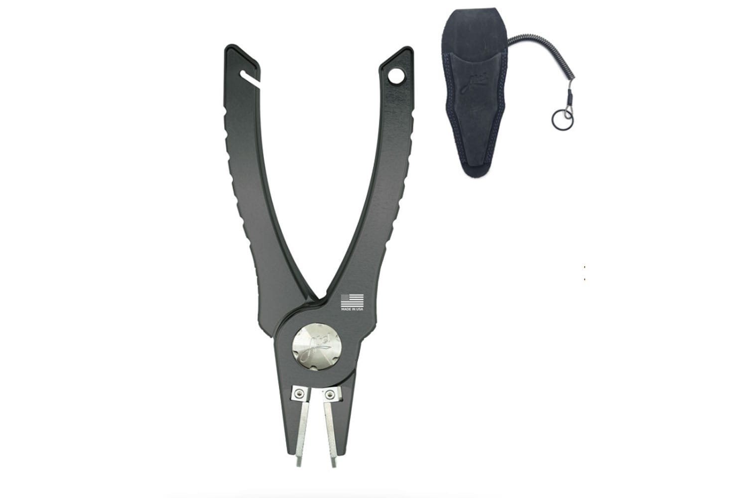 Abel black anodized aluminum pliers with textured V-shaped handles, stainless tips and black sheath with coiled lanyard
