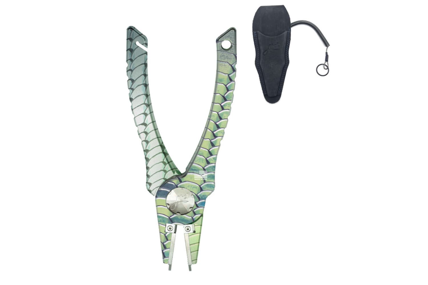 Green iridescent fish-scale patterned Abel pliers in anodized metal with split-tip jaws and black sheath with coiled lanyard