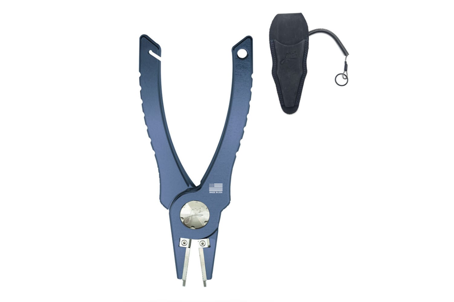 Blue anodized Abel pliers with stainless steel replaceable tips, textured handles and black sheath with coiled lanyard