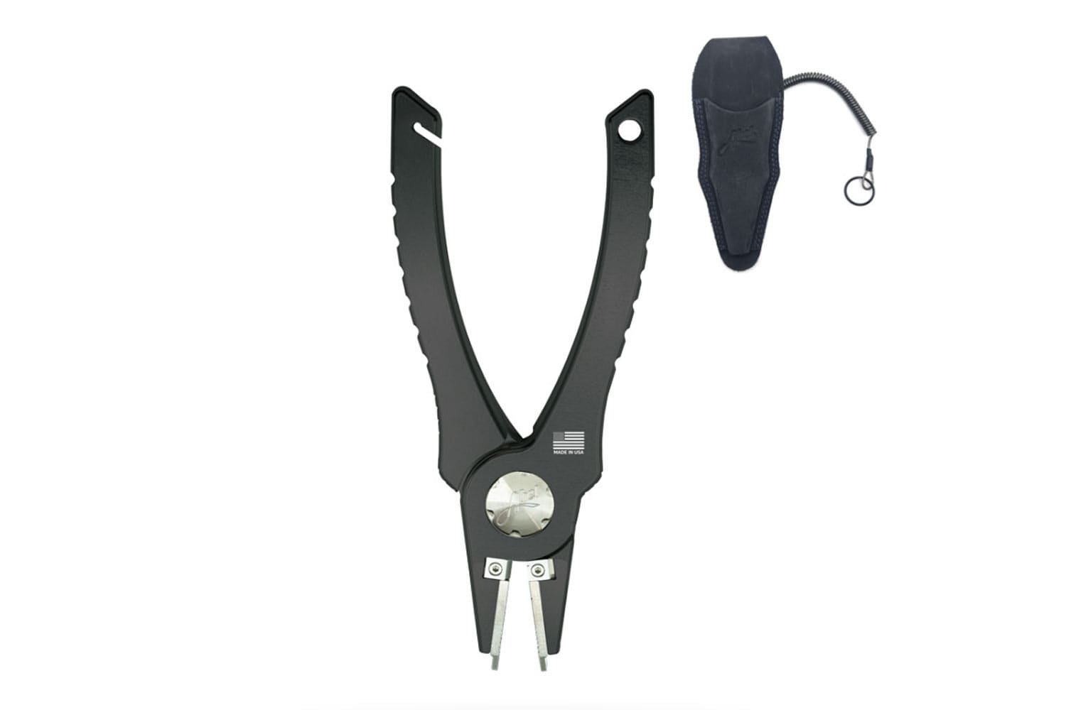 Abel black metal pliers with silver stainless tips and textured handles, plus black sheath with coiled lanyard