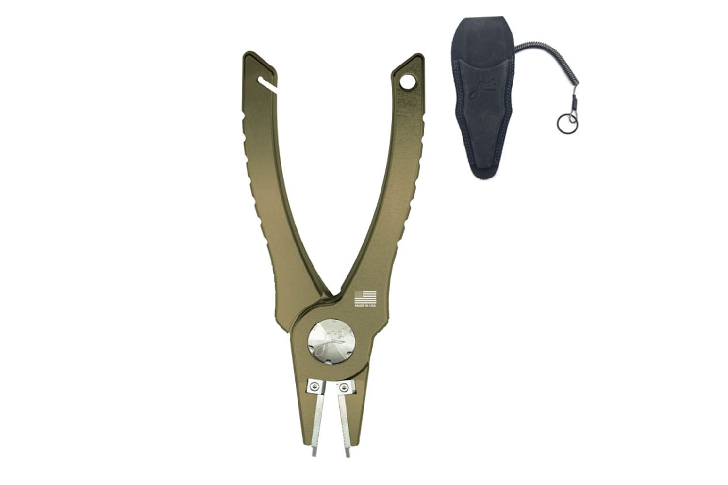Olive green anodized aluminum Abel pliers with slim steel jaws, textured handles and black sheath with coiled lanyard