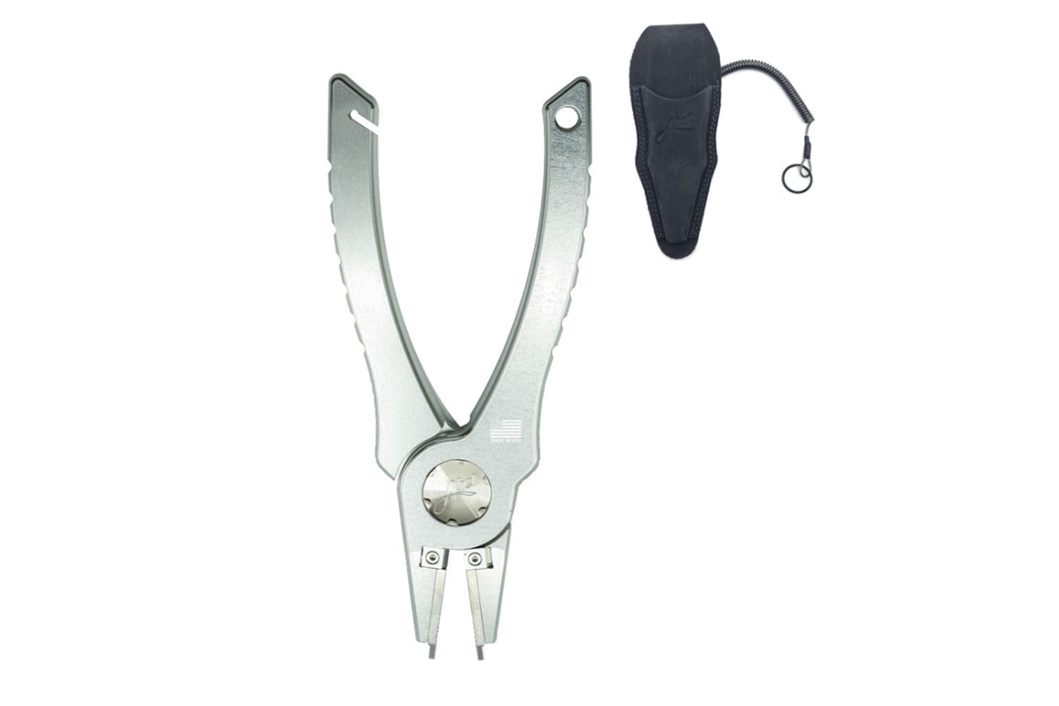 Silver stainless steel Abel pliers with needle-nose tips, serrated handles and black sheath with coiled lanyard