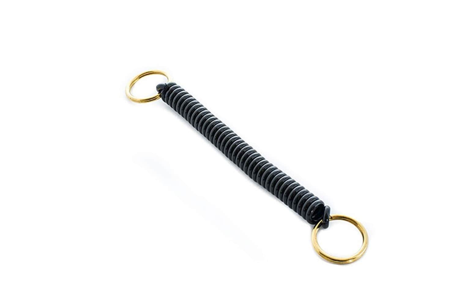 Black coiled plastic Abel pliers lanyard with gold split rings at each end