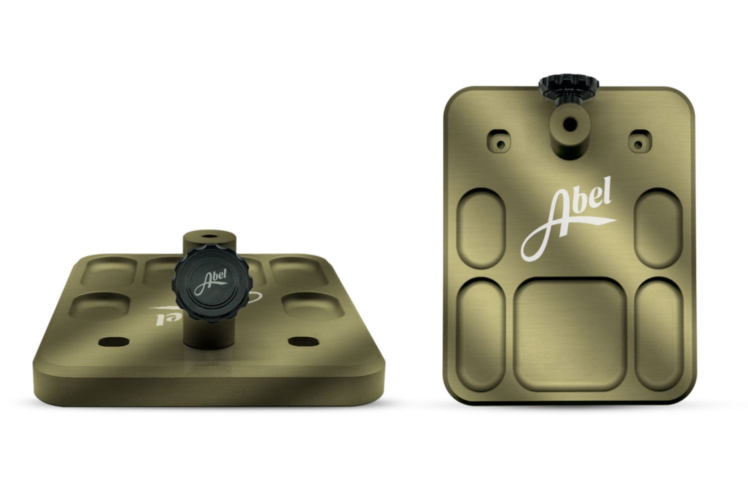 Olive-green brushed aluminum Abel vise base with rounded-rectangle plates, recessed pockets and black knob
