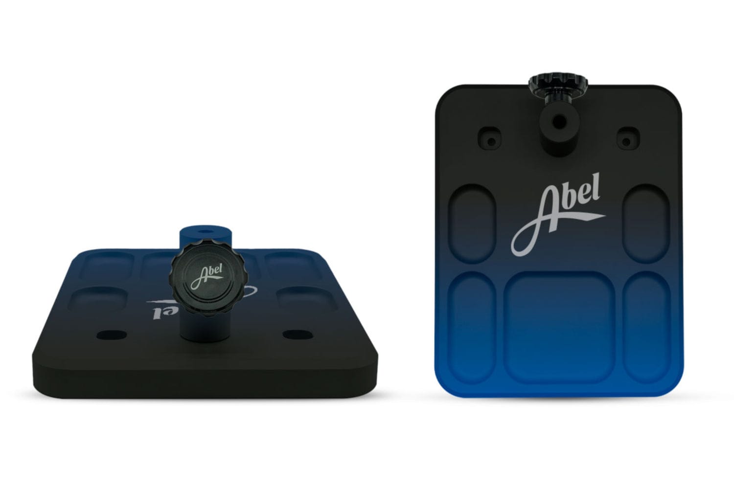 Abel vise base black-to-blue gradient rubberized plate with rounded corners, recessed pockets and central mounting knob