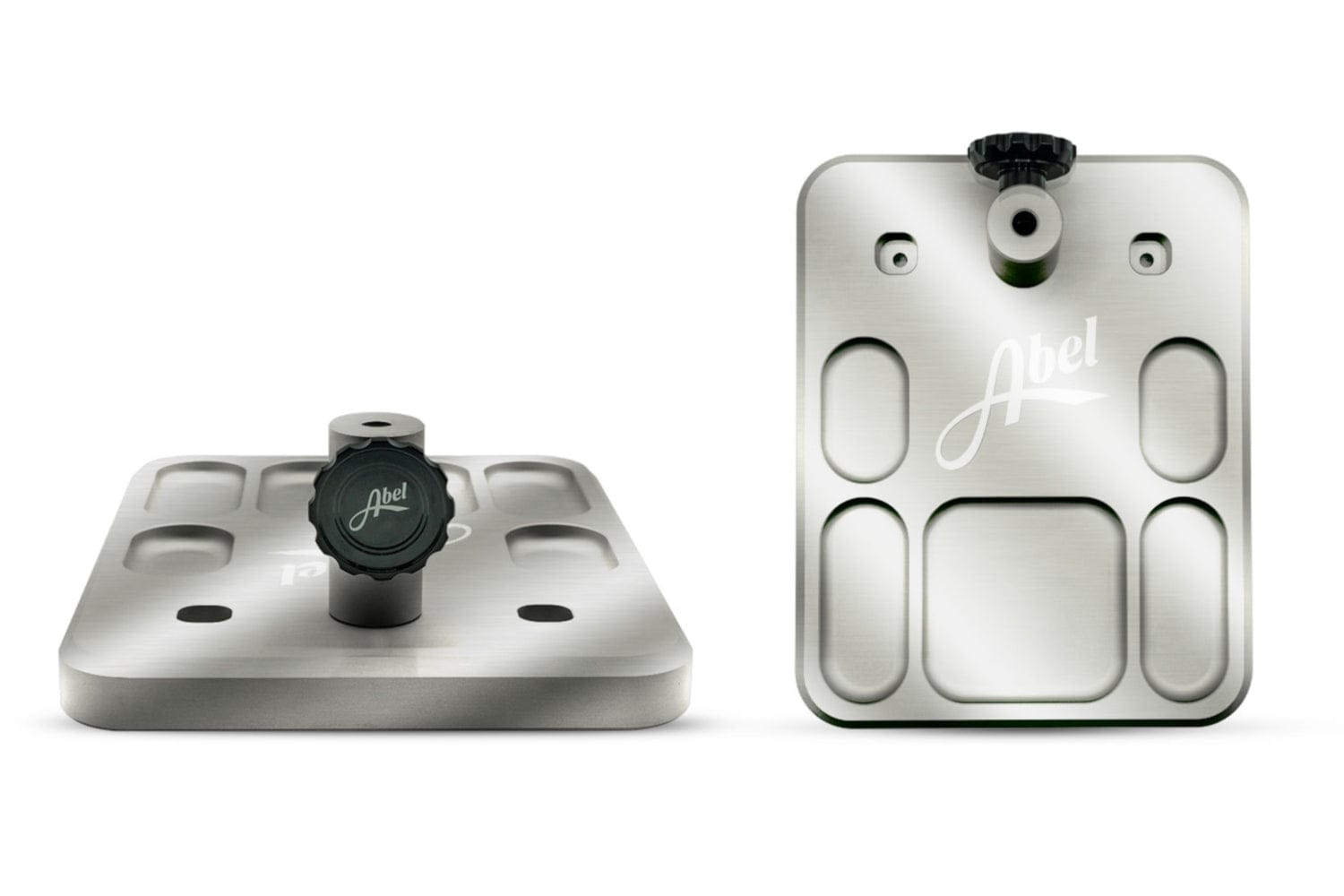 Abel vise base in brushed stainless steel with black knob, rounded corners and recessed pockets with Abel logo