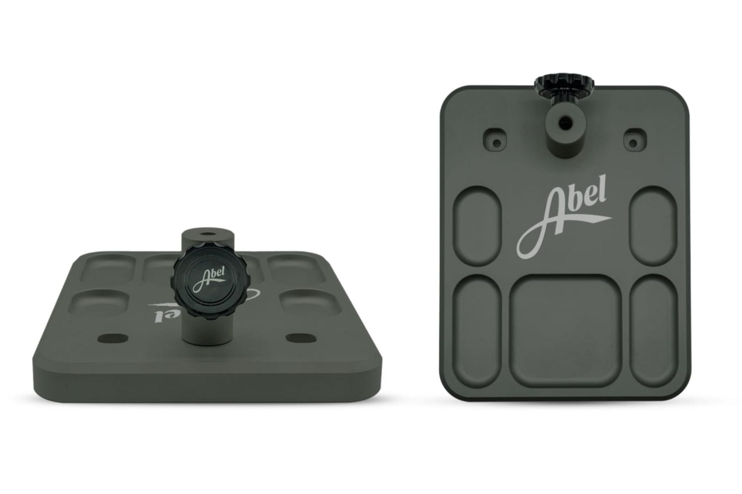 Matte olive-green Abel vise base with black adjustment knob, metal mounting plate featuring recessed pockets