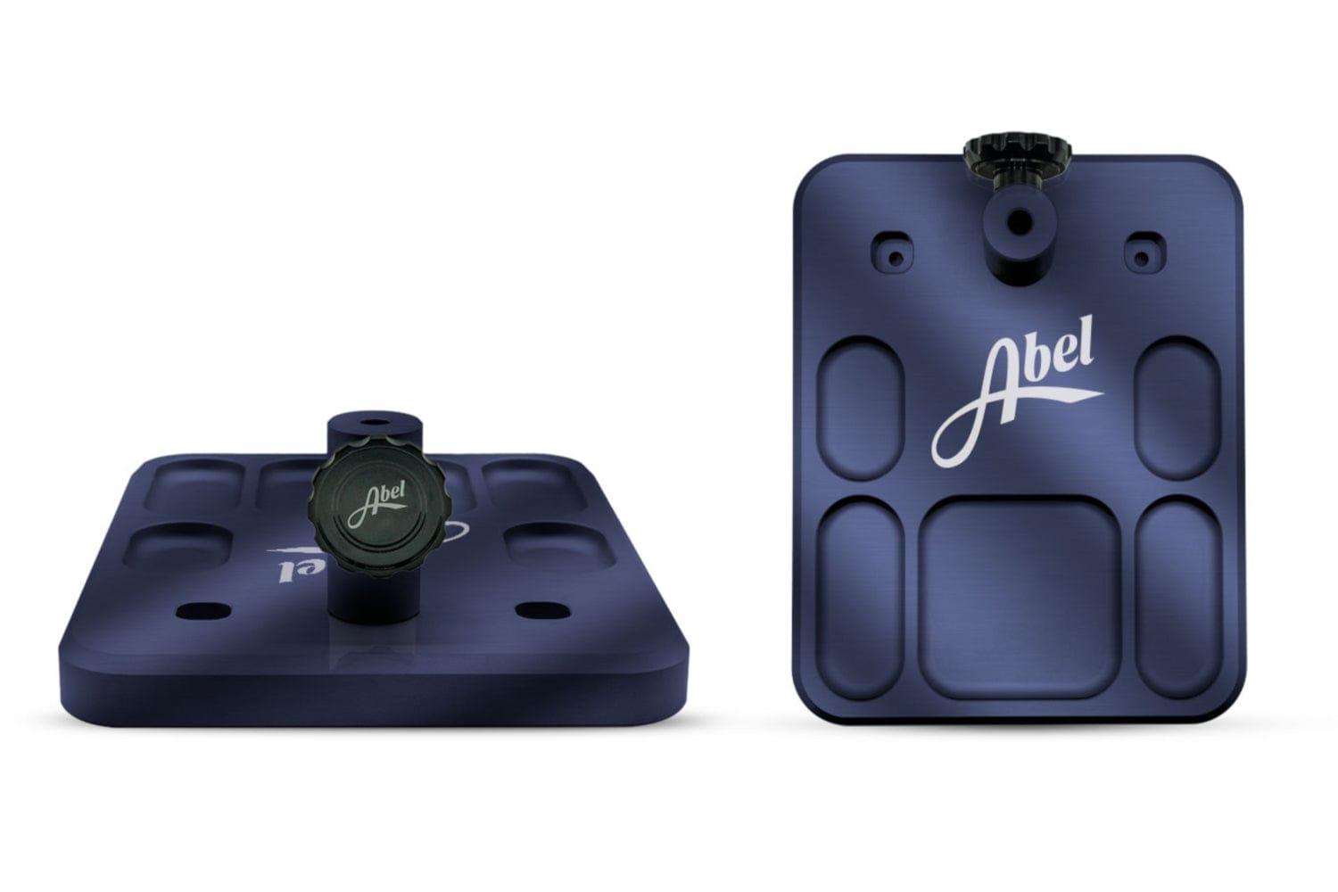 Navy blue anodized aluminum Abel vise base accessory with black adjustment knob, recessed tool pockets and branded logo