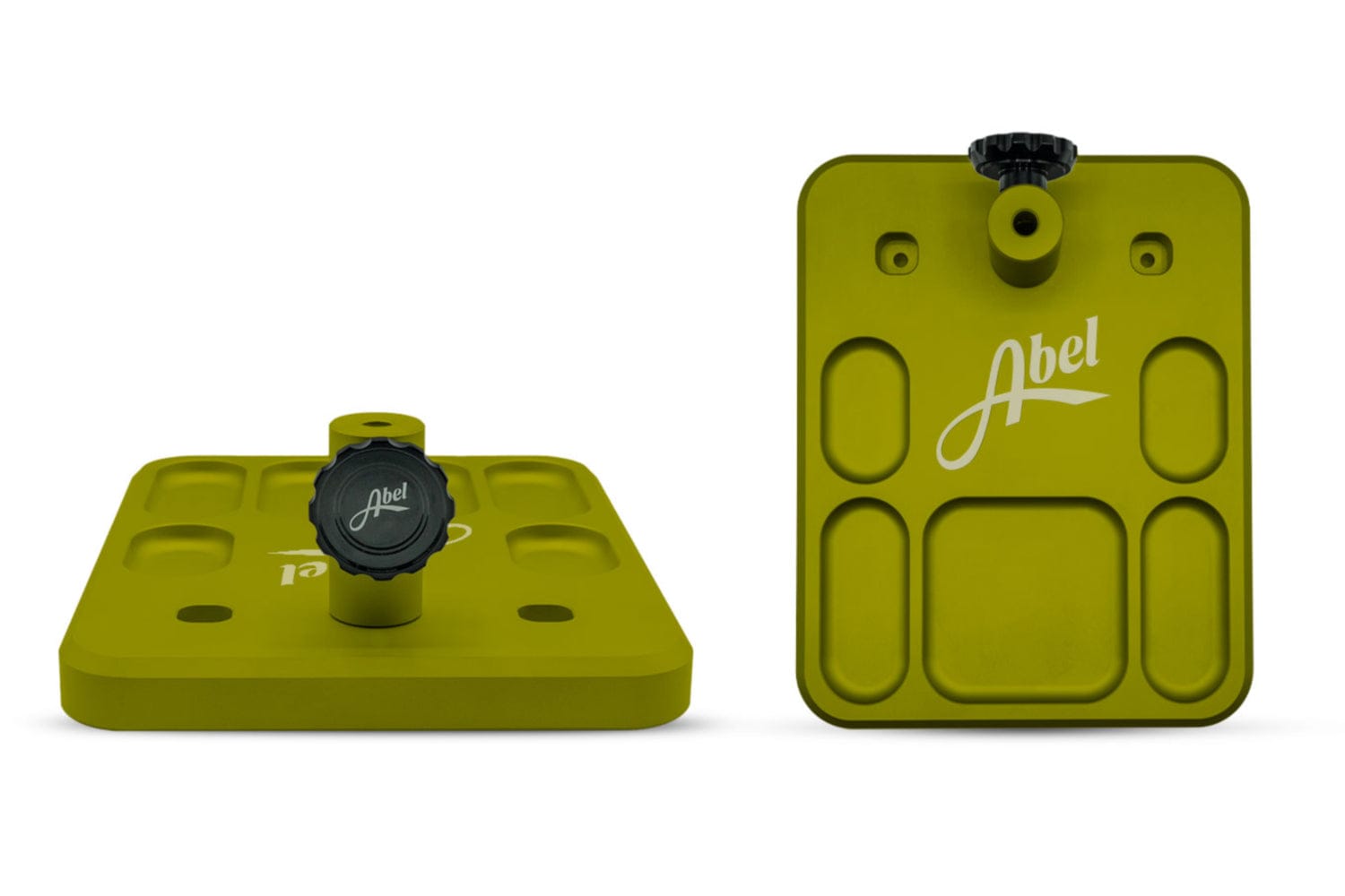 Olive-green machined metal Abel vise base with black adjustment knob, recessed trays and rounded rounded edges
