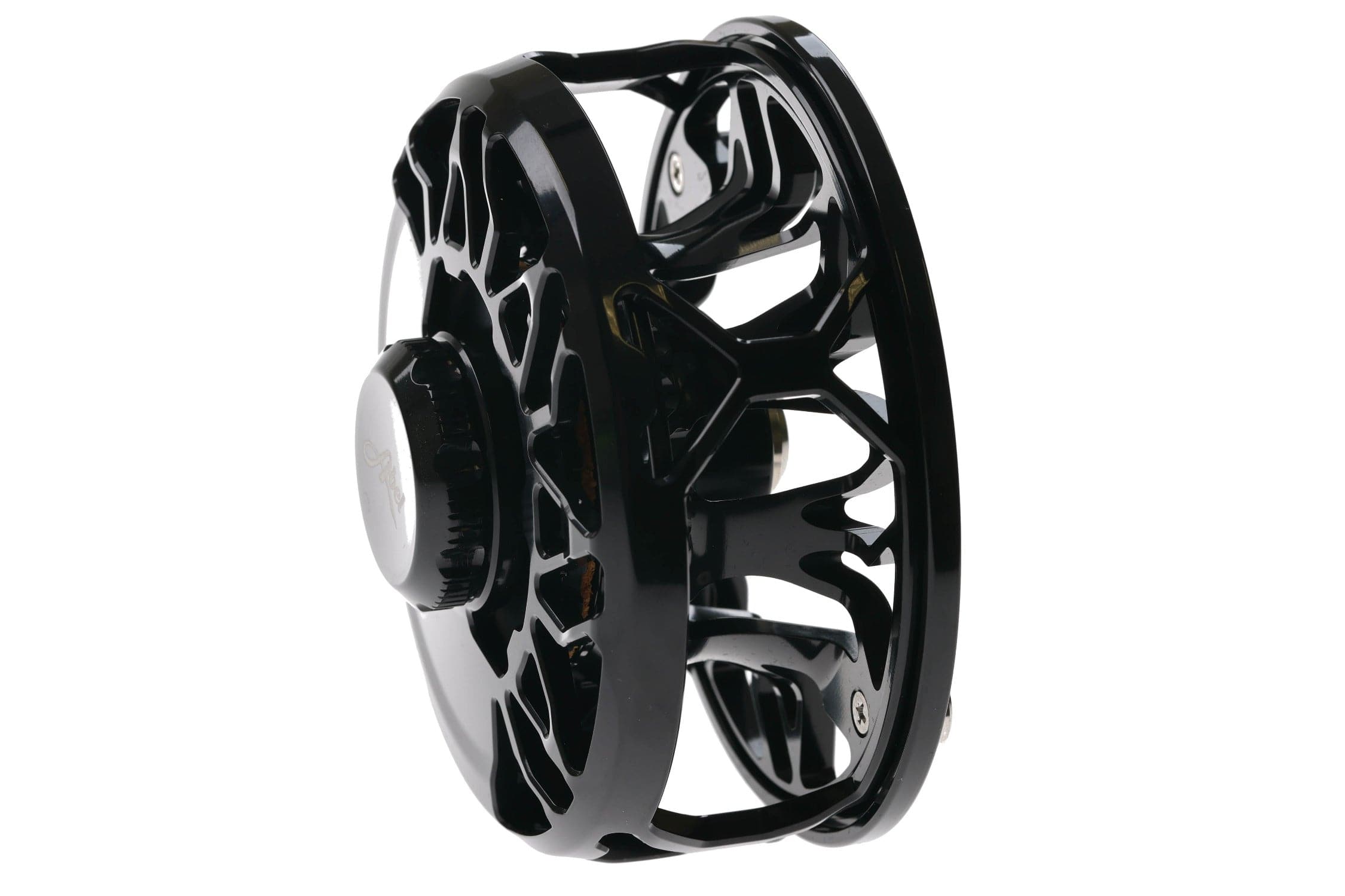 Black Abel Rove fly reel, machined anodized aluminum large-arbor design with skeletonized spool and glossy finish